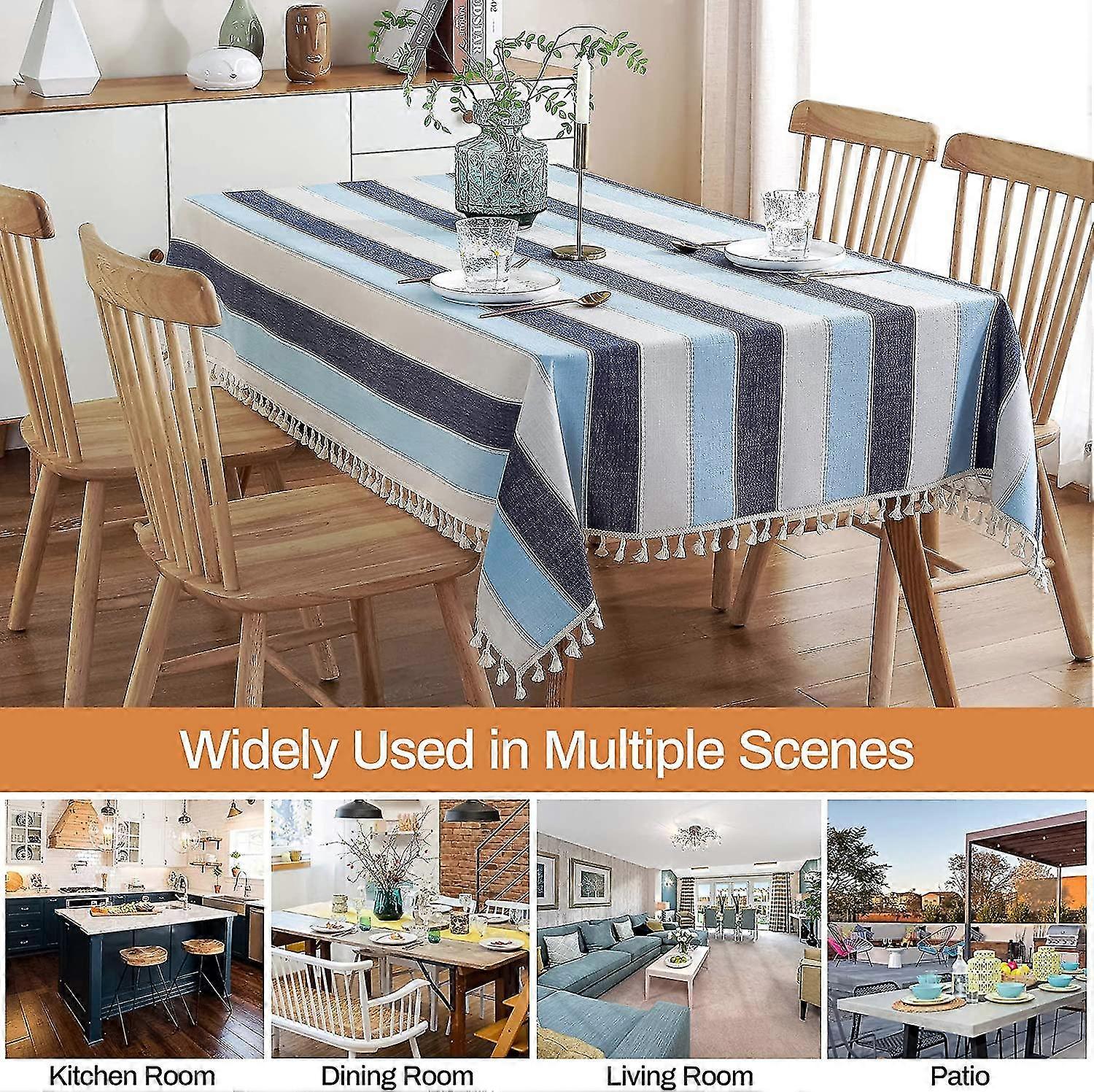 Striped Tassel Tablecloth Stitching Rectangle Table Cloth Cotton Linen Fabric Table Cover for Kitchen Dinning Tabletop 54 x 120 Inch Blue