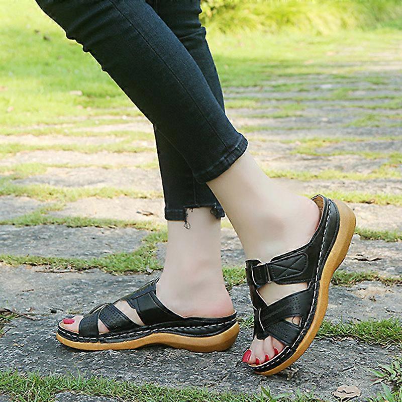 Summer Women PU Slides Sandles Slip on Shoes Open Toe Low Heel Beach  Sandals New