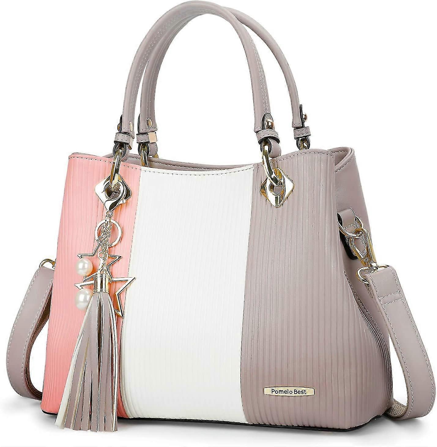 Best Women Handbags With Multiple Interior Pockets And Pretty Colour Combinationpink/white/light Grey)