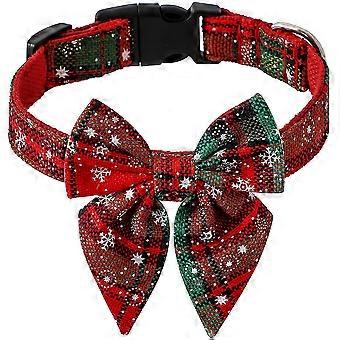 Holiday Dog Collar With Bow, Adjustable Christmas Plaid Dog Collar With Safety Buckle, SoftgreenGreen-S