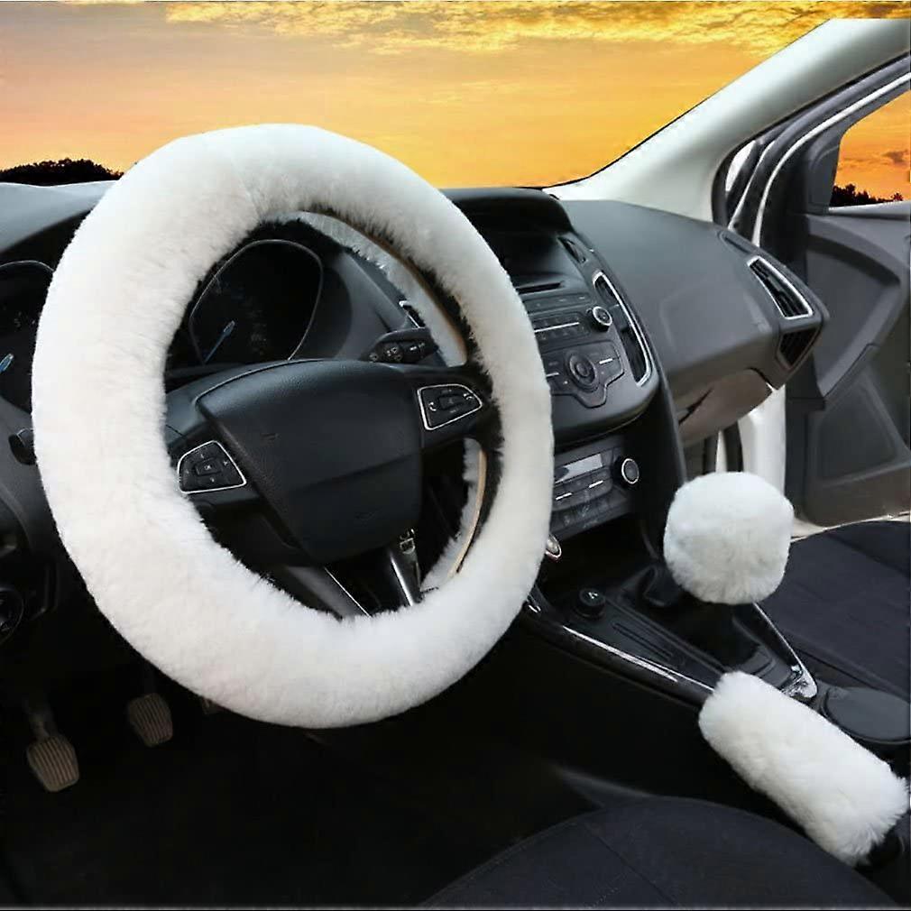 3Pcs Set Γυναικεία Χειμώνας Μόδα Μαλλί Γούνα Μαλακό Γούνινο Τιμόνι Καλύπτει Λευκό Χνουδωτό Χειρόφρενο