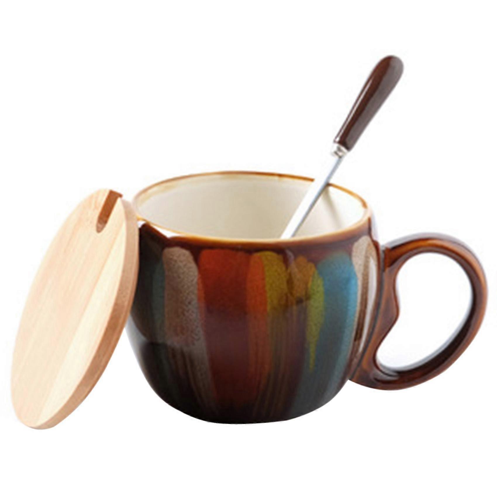 Art Painted Coffee Cup Environmental Protection Ceramic Handmade Milk Cup with Spoon,Beige inner wa
