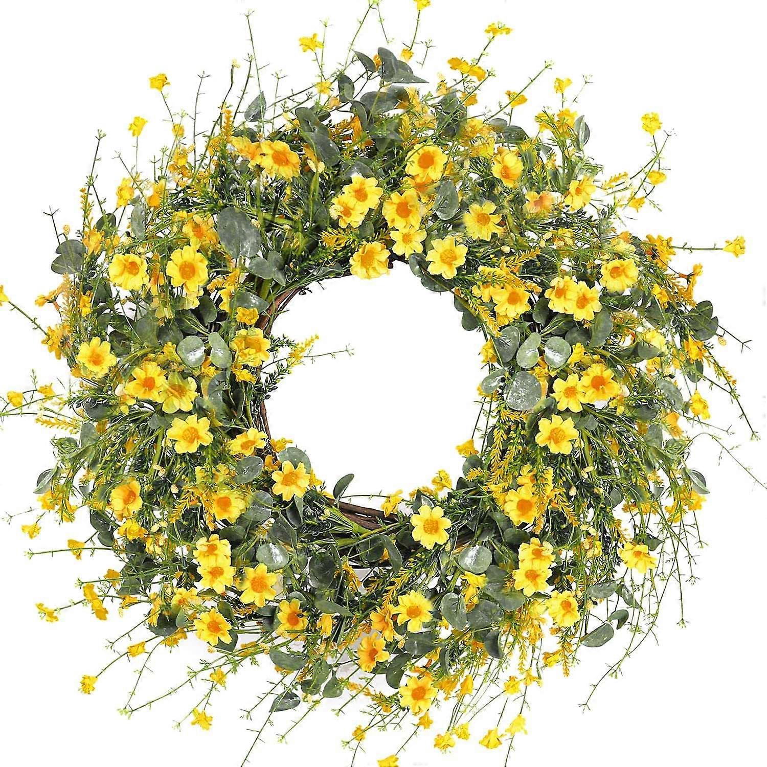 Yellow Daisy Wreath Spring Wreath Fake Floral Wreath with Green Eucalyptus Leaves for Front Door Wa