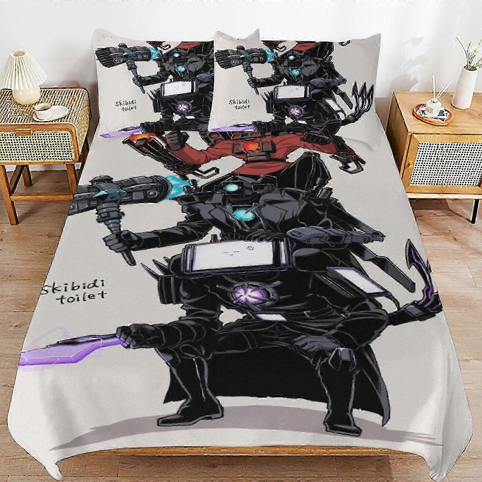 o275 Prostěradla Skibidi WC povlečení Set Povlak na přikrývku Pohodlné a lehké kreslené povlečení 3 kusy (1 povlak na přikrývku a 2 povlaky na polštář) Postel Shee