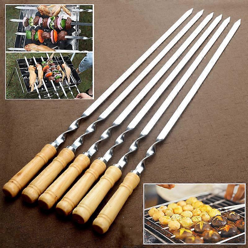 6Pcs Stainless Steel BBQ Flat Skewers Outdoors Grill Long Handle Barbecue Stick