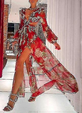2022 Retro Floral Print Bikini Cover-ups Open Back Sleeve Women Beach Wear Swim Suit Cover Up A858
