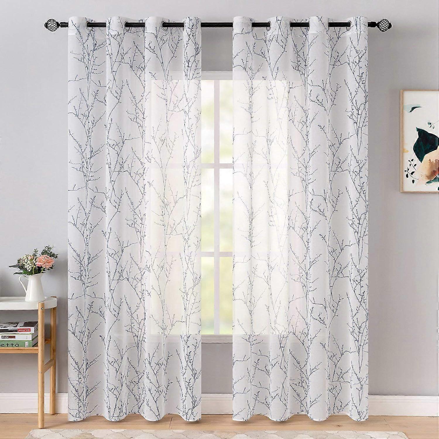 2 Panels Curtains Branch Pattern Printed Semi-Sheer Window Curtain Smooth Elegant Durable Decoration Treatment 140x245CM(LXH) Blue