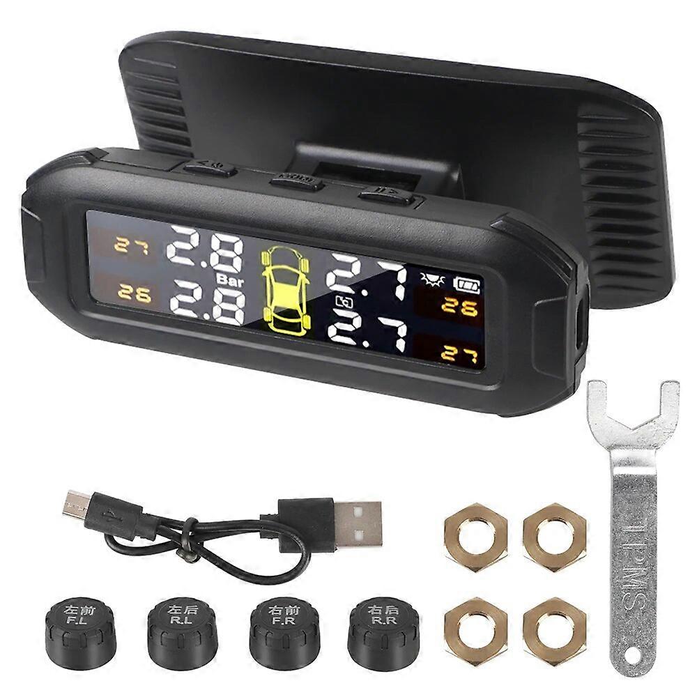 Car Tire Pressure Monitoring System With 4 External Sensors Tyre Pressure Monitor Temperature Warning Fuel Save Solar TPMS