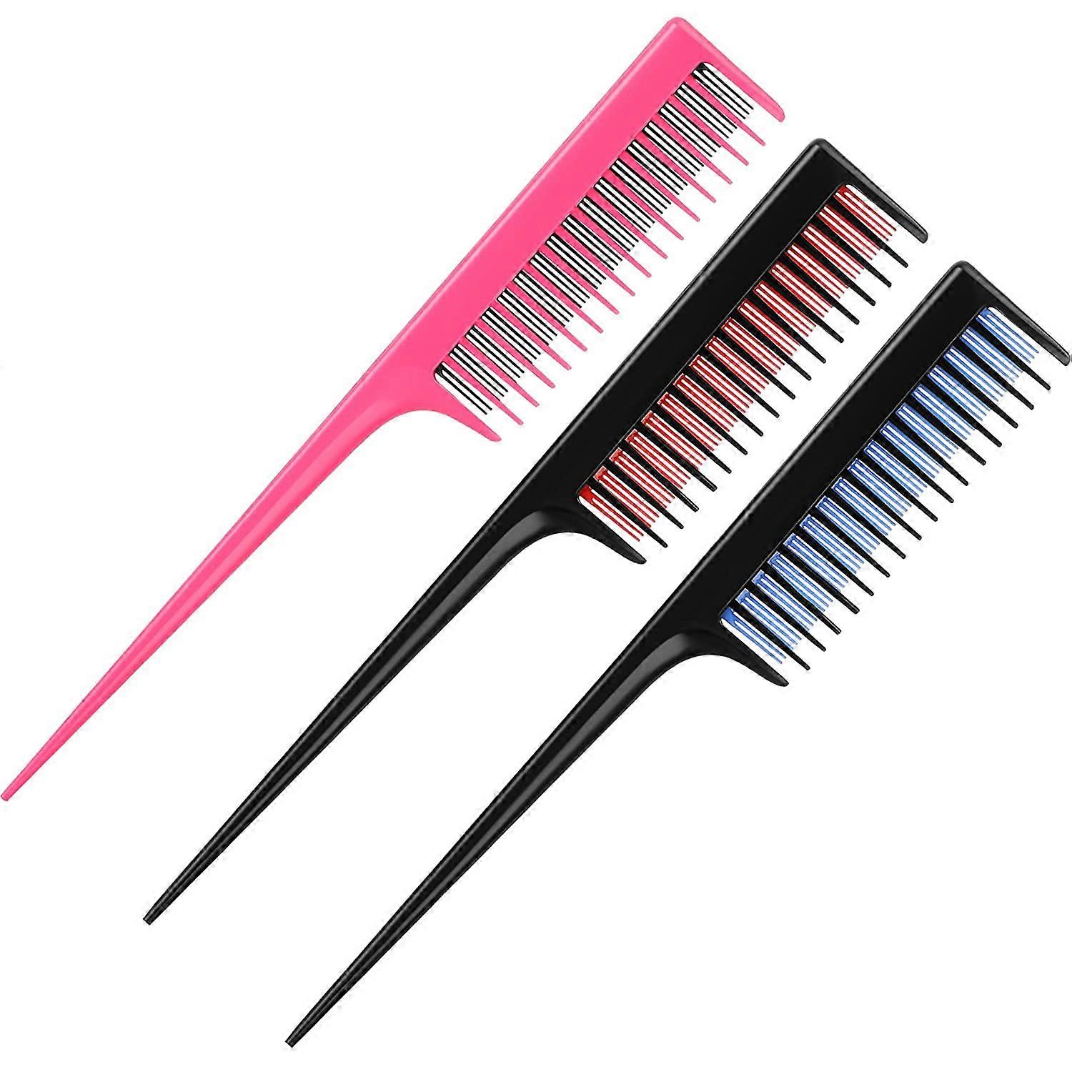 3 Piece Triple Teasing Comb Rat Tail Tool and Structure Tease Layers Rattail for Women Back Combing Root Adding Volume Evening Styling (Black Red, Bla