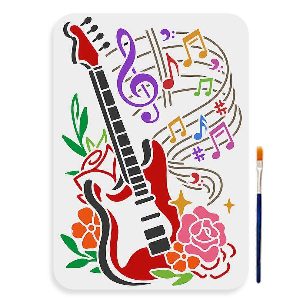Guitar Sheet Music Note Stencil 11.78.3inch Large Music Notes Flower Stencil with Paint Brush Reusable Musical Instruments Stencil for Painting on Fur