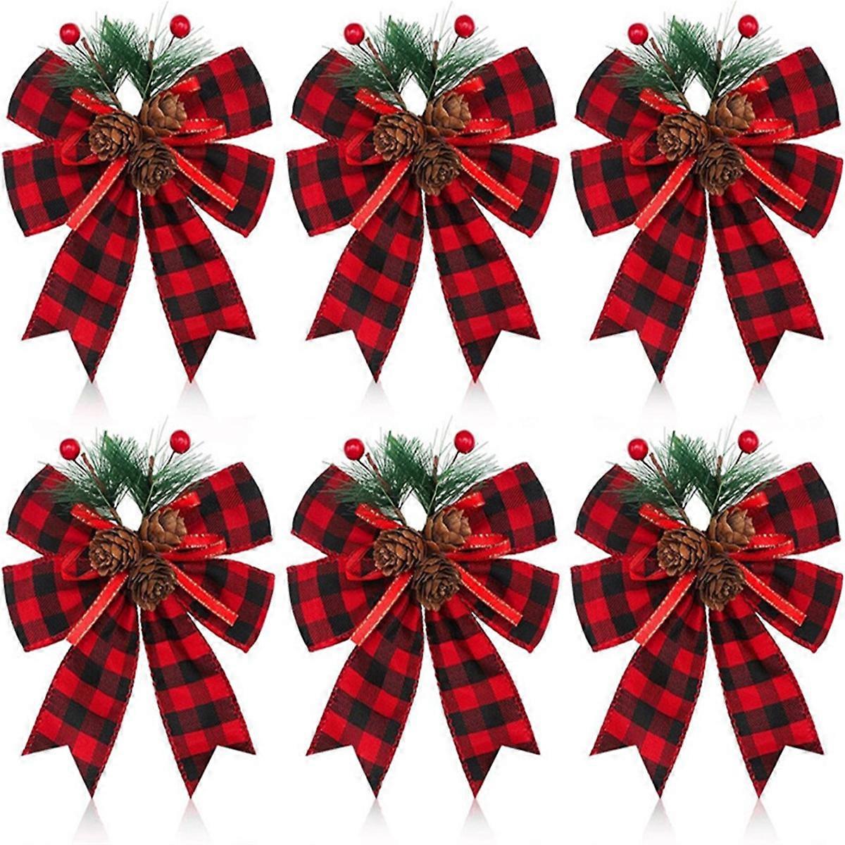 12PCS Christmas Black Red Bow with Pine Cones Pine Needles Xmas Checkered Ribbon Bow Christmas Tree