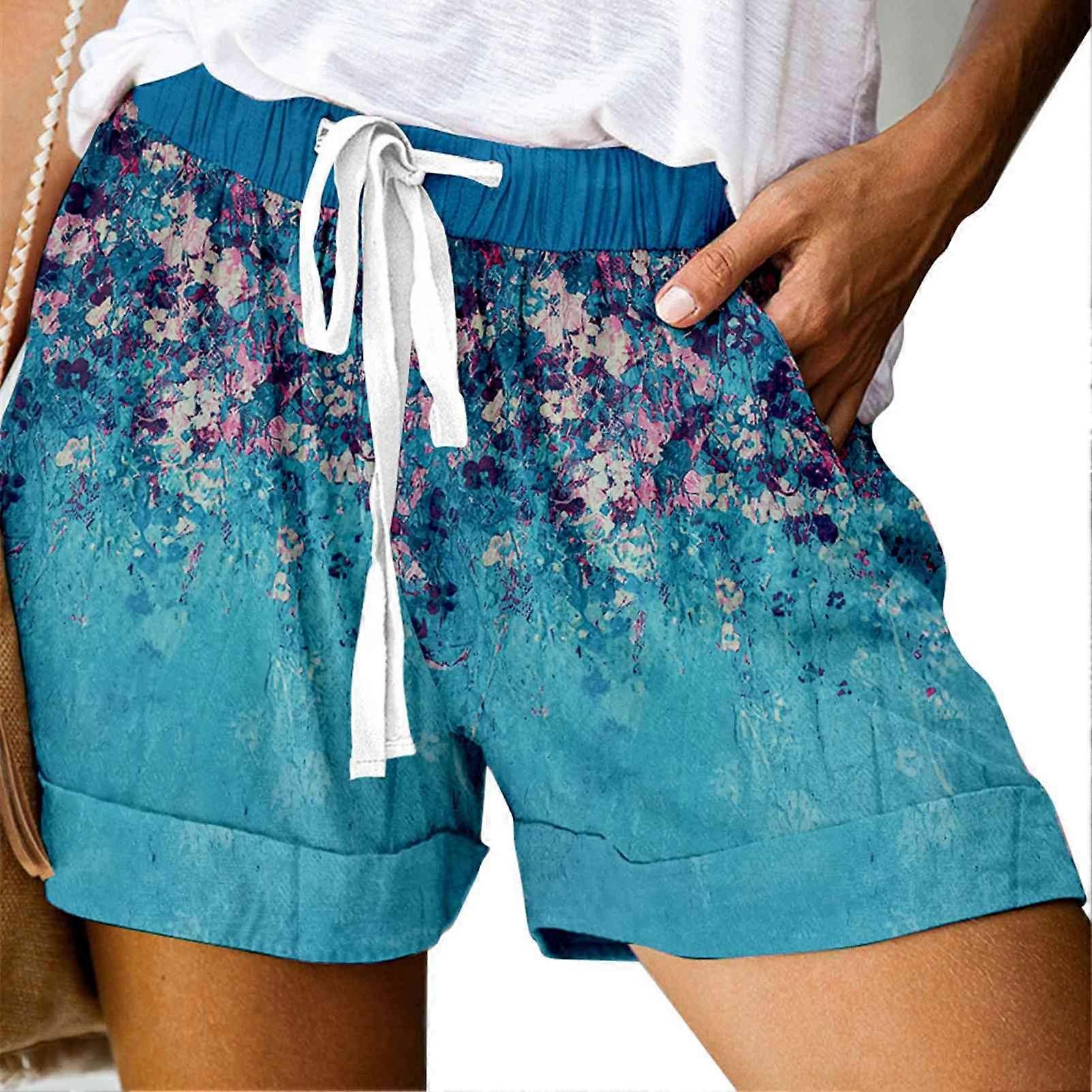 Summer Wide Leg Women Shorts Polyester High Waisted Shorts with Drawstring Printing Pattern Sky Blue XL