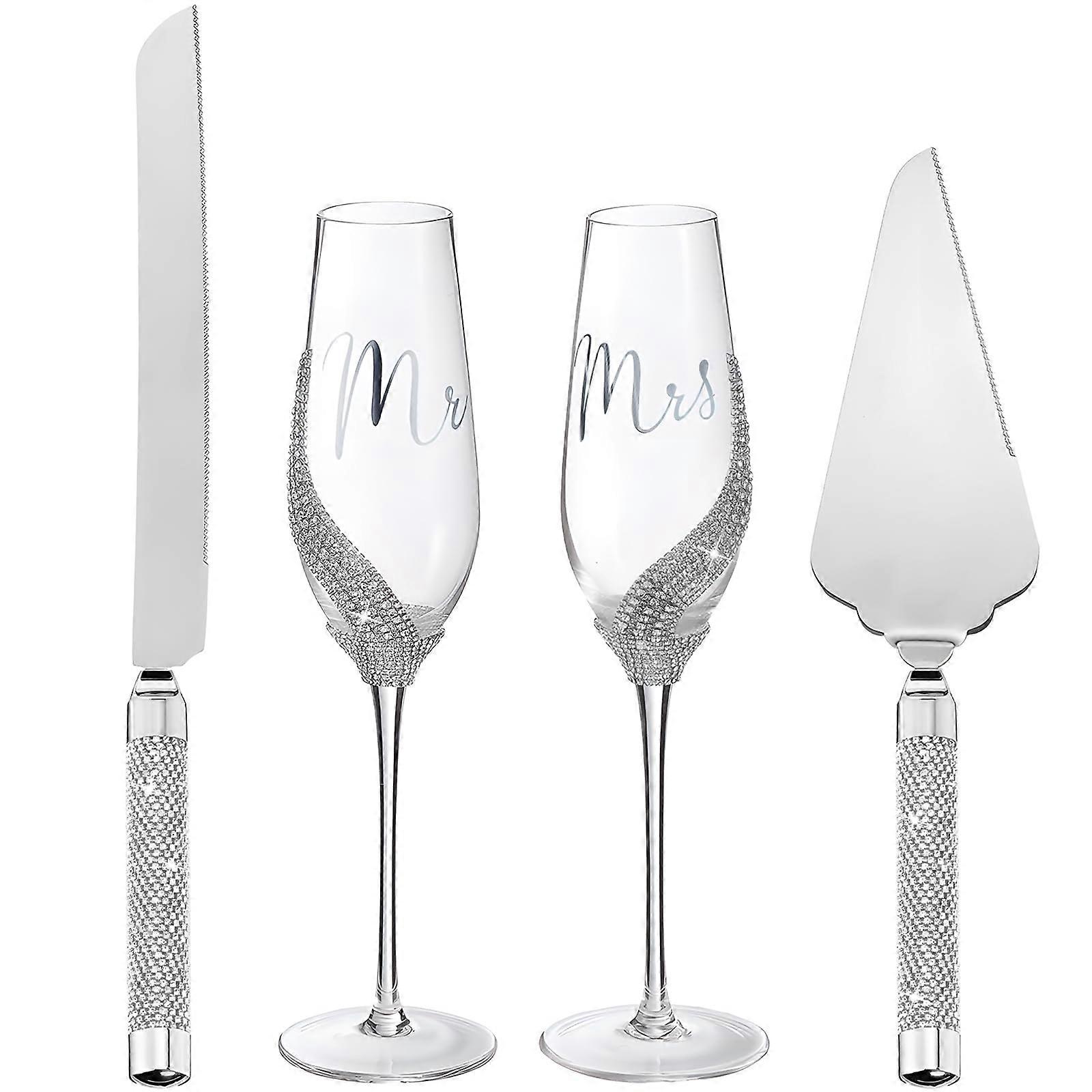 4-Piece Wedding Cake Server Set - Rhinestone Champagne Flutes & Knife Gift Set