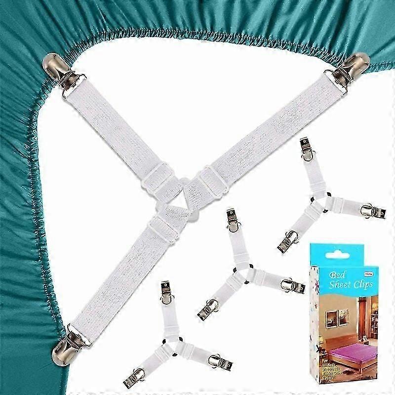 Bed Sheet Straps 4 Pieces Triangle Fitted Sheet Fastener Elastic Mattress Fastener Adjustable Sheet Tensioner Suspenders Mattress Strap White