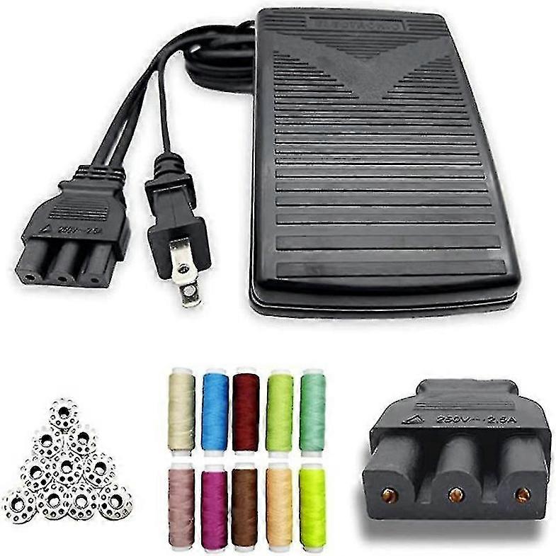 Sewing machine foot pedal, with power cord, includes multiple colored threads and bobbins for convenient sewing work