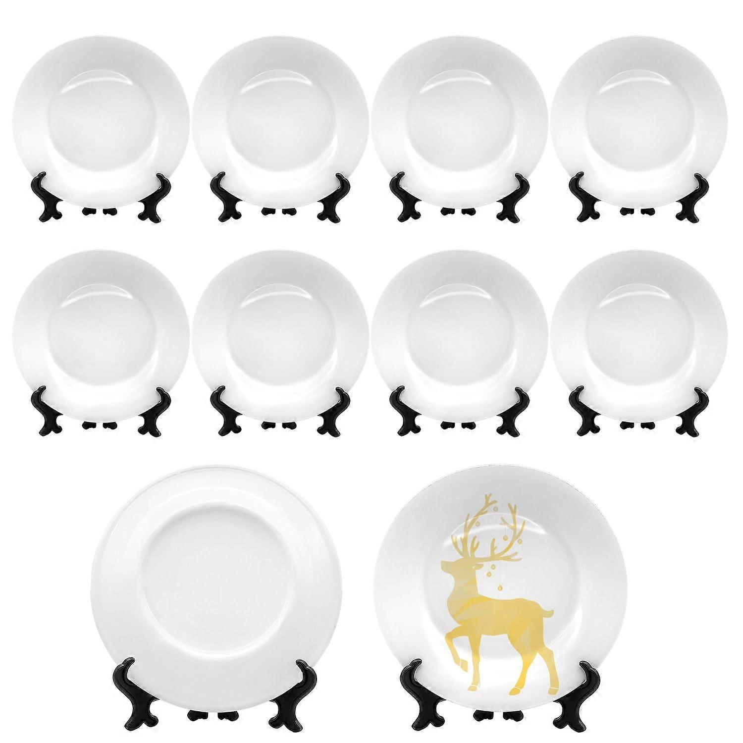 10 Pack Sublimation Blanks White Ceramic Flat Plates with Stands, 8 Inch Round Porcelain Plates for Heat Press Projects