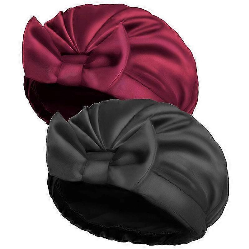 Satin Lined Shower Cap: XL, Double Layer, Black/Wine