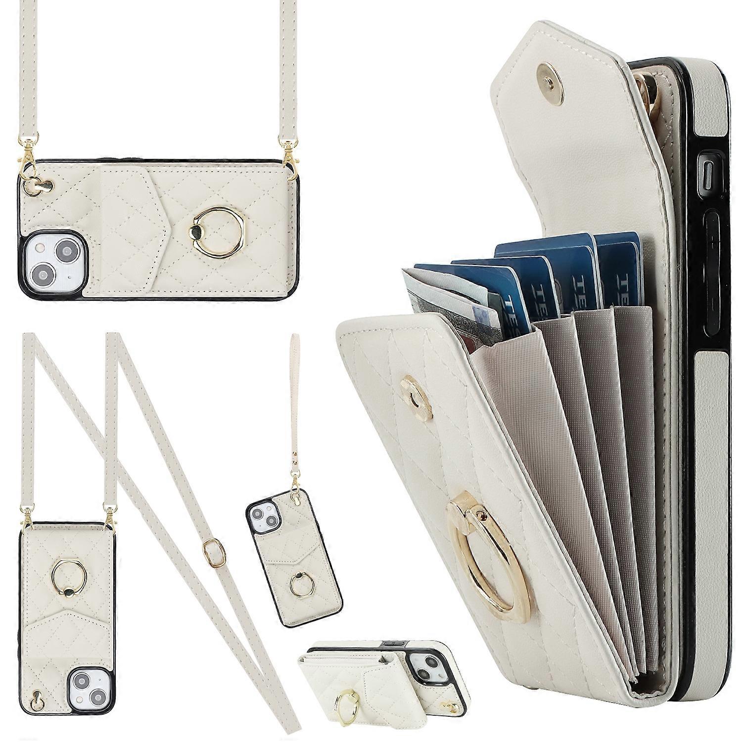 Rhombic Texture Card Bag Phone Case with Long Lanyard
