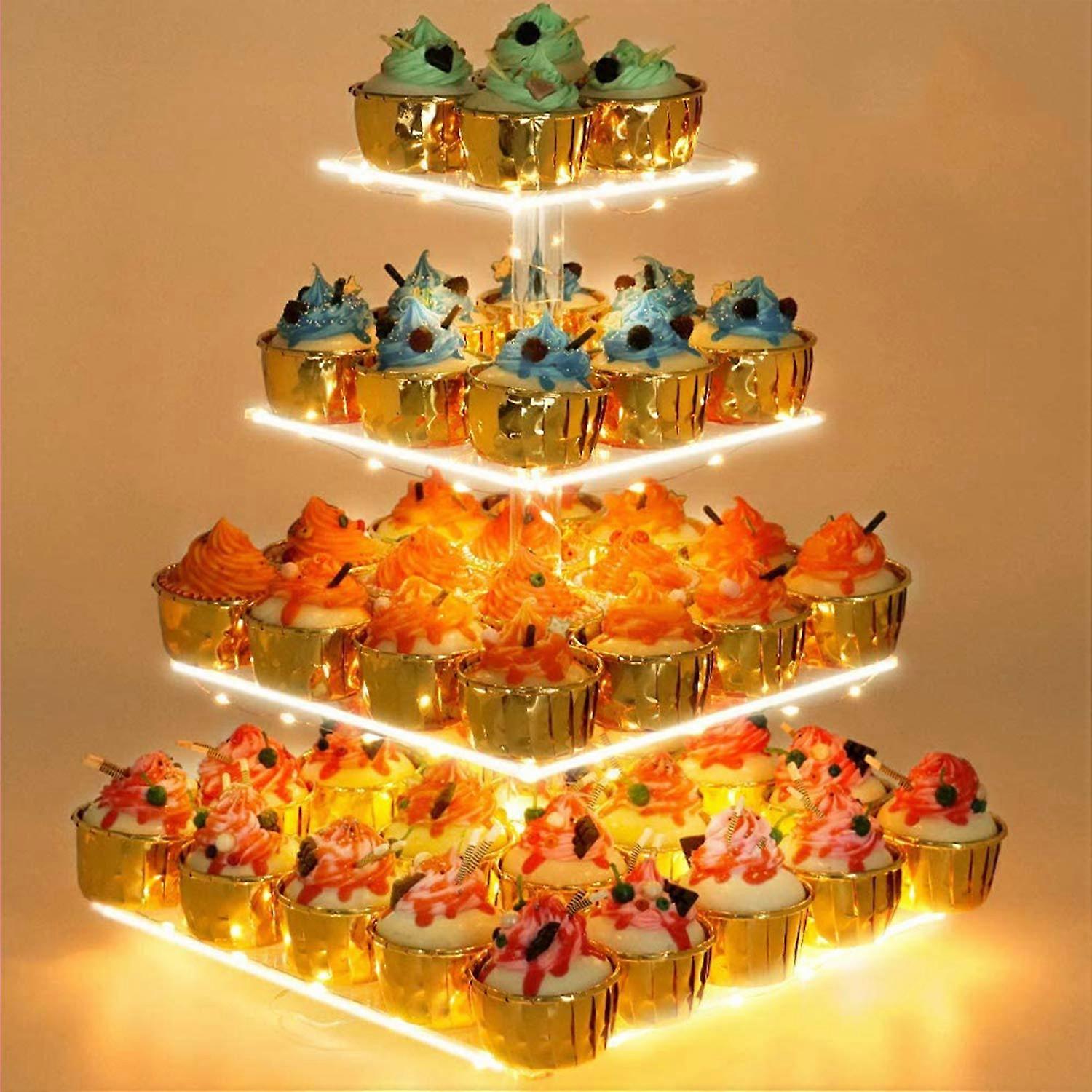 Acrylic Tower Display Cupcake Stand with LED Light for Birthday Party Candy Bar Decor, Multi-Tier, Clear Design