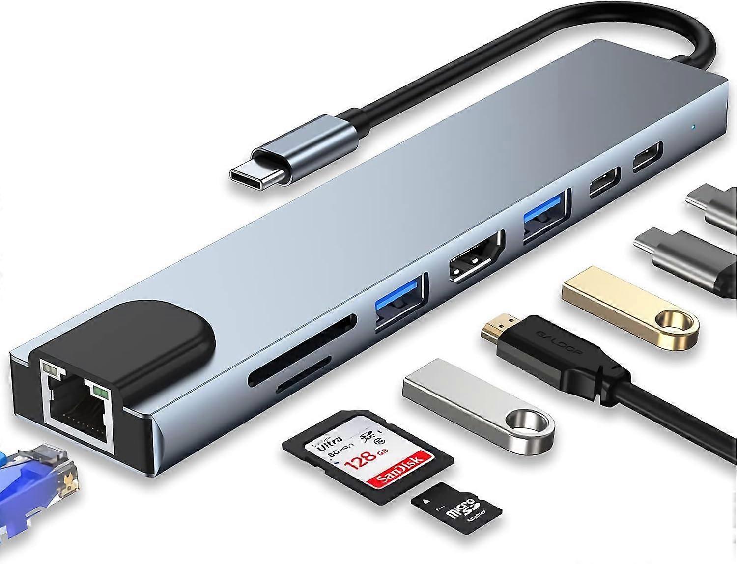 8-in-1 USB C Hub for MacBook Pro/Air, Windows Laptops, 4K HDMI, SD Card Reader, USB 3.0 Ports, Compact Design