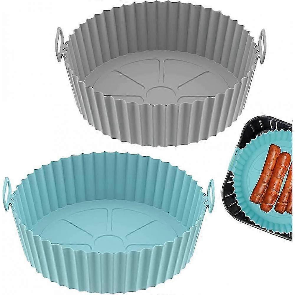 2x Σιλικόνη Air Fryer Pot Handle Baking Basket Pan Accessories - Μπλε &; Γκρι