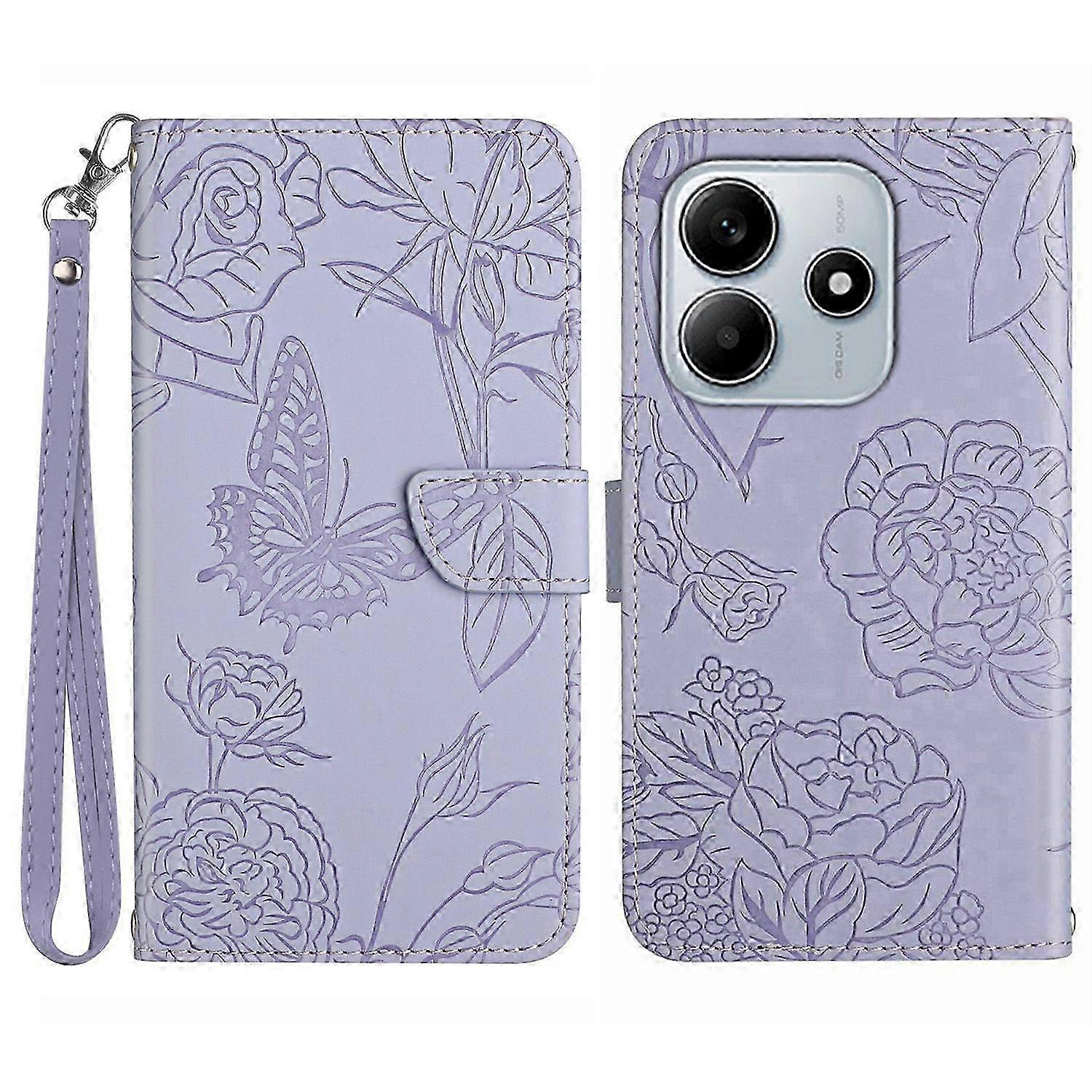 For a certain brand's Redmi Note 14 5G Leather Phone Case with Strap, Featuring a Butterfly Flower Design - Red