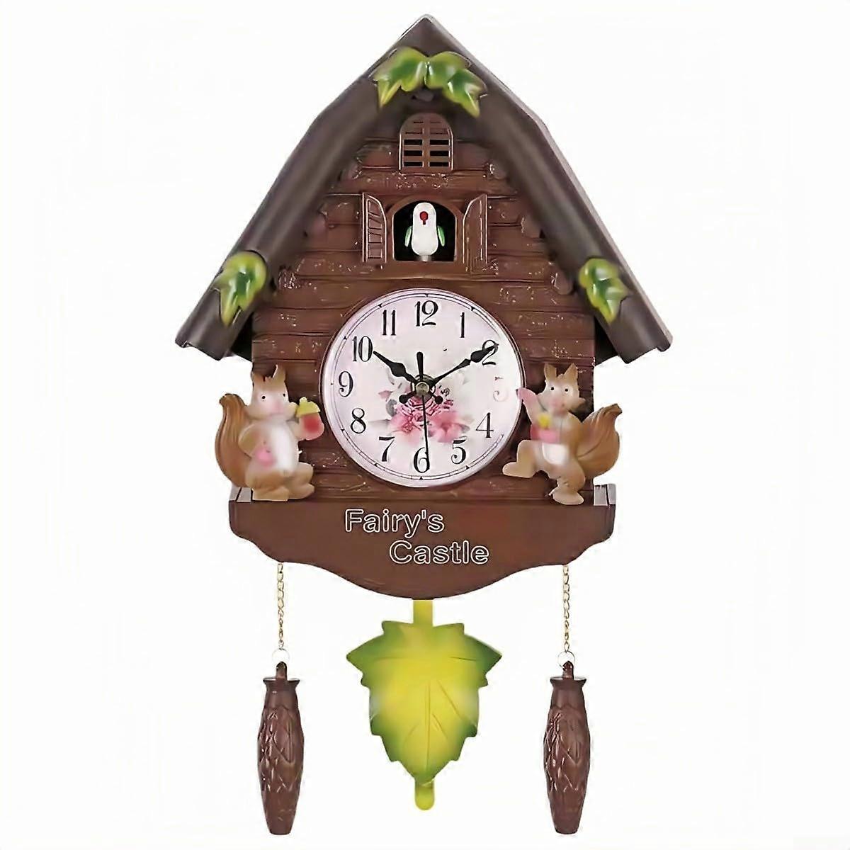 Cuckoo Pendulum Wall Clock 16.5x10.2x3.9 Inch for Home Living Room Decoration, Brown Squirrel Design, Art Style