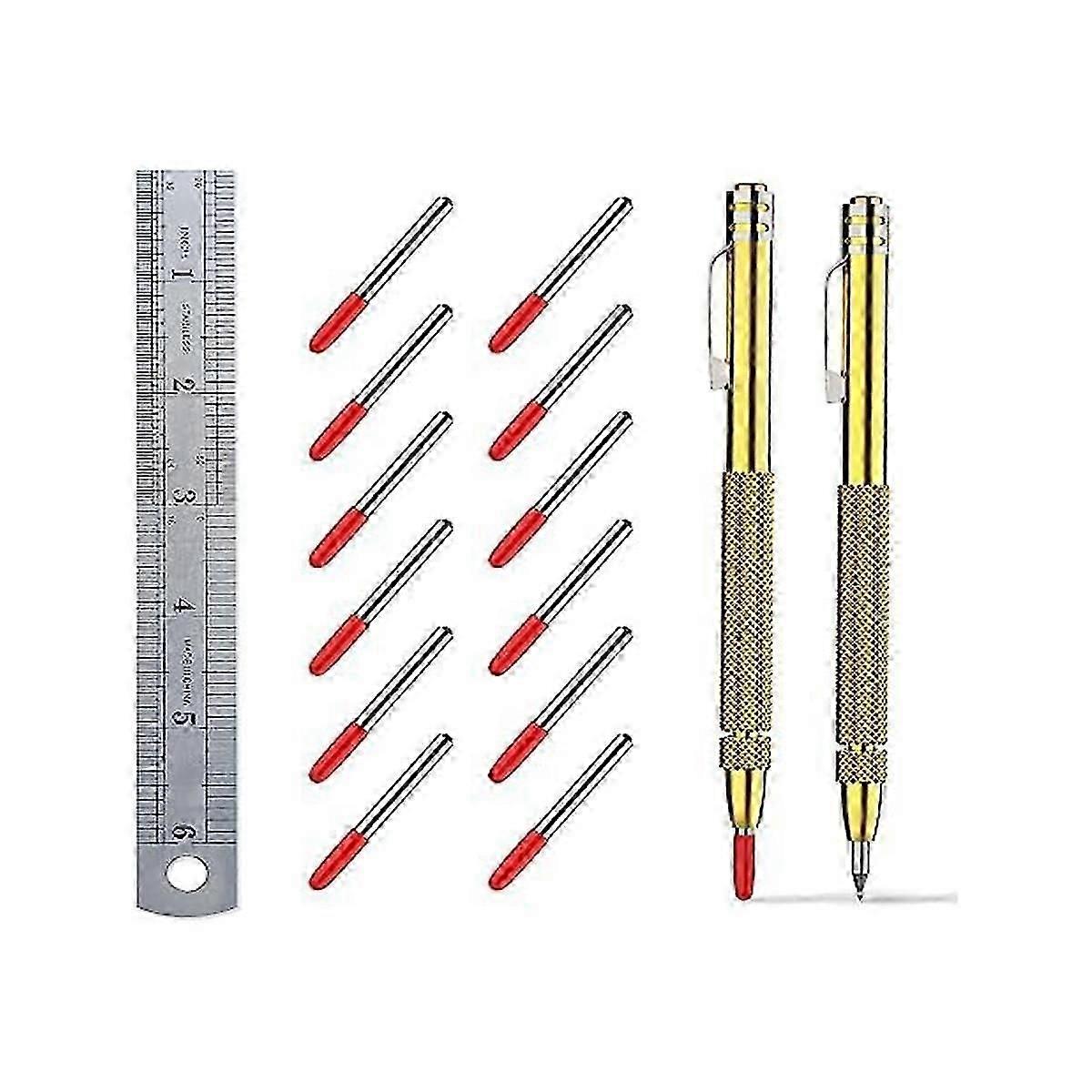 2 Pack Tungsten Carbide Scriber with Magnet,with Extra 12 Replacement Marking Tip and 6-Inch Ruler