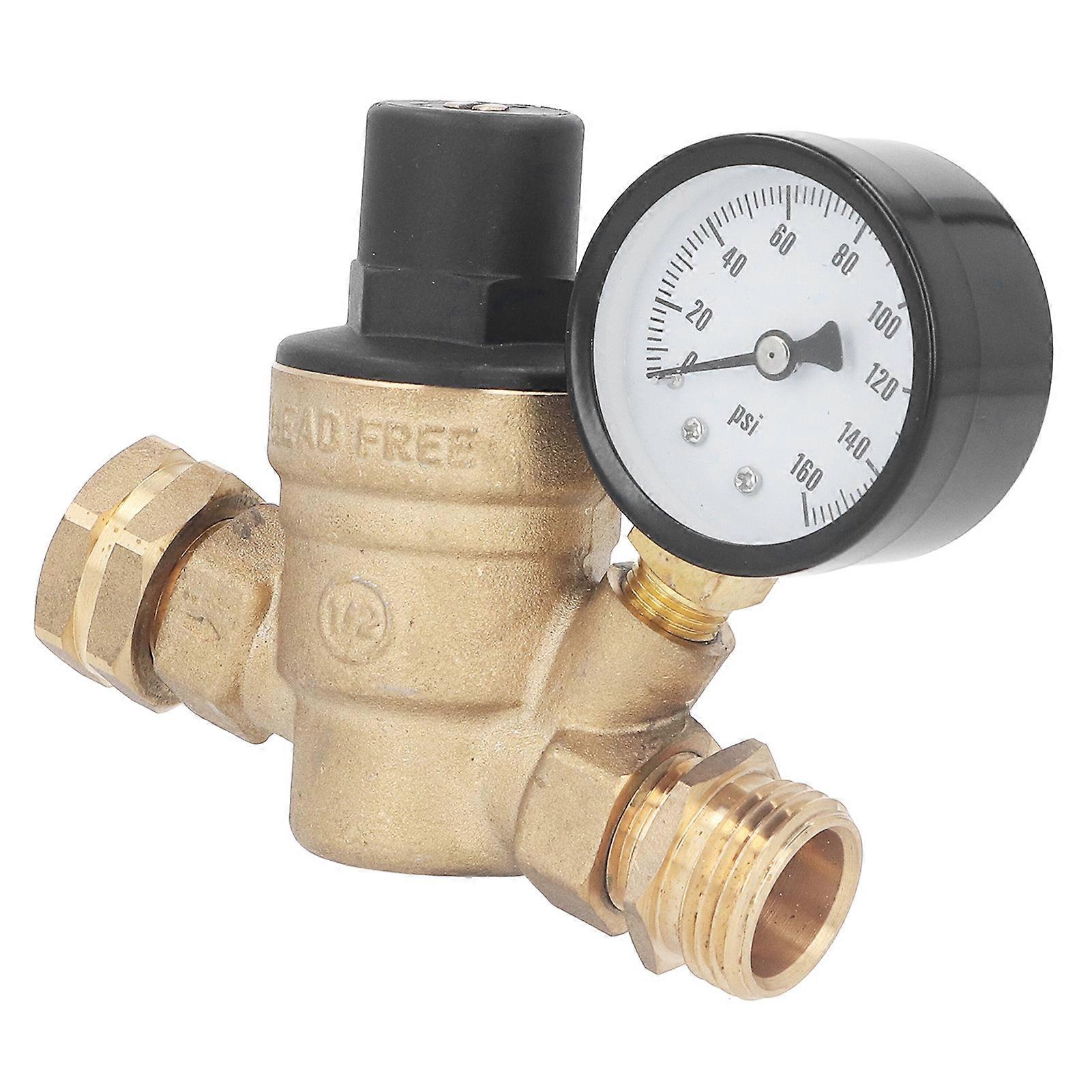 Water Pressure Regulator Valve Brass Adjustable 160PSI with Gauge Inlet Screen Filter for RV 