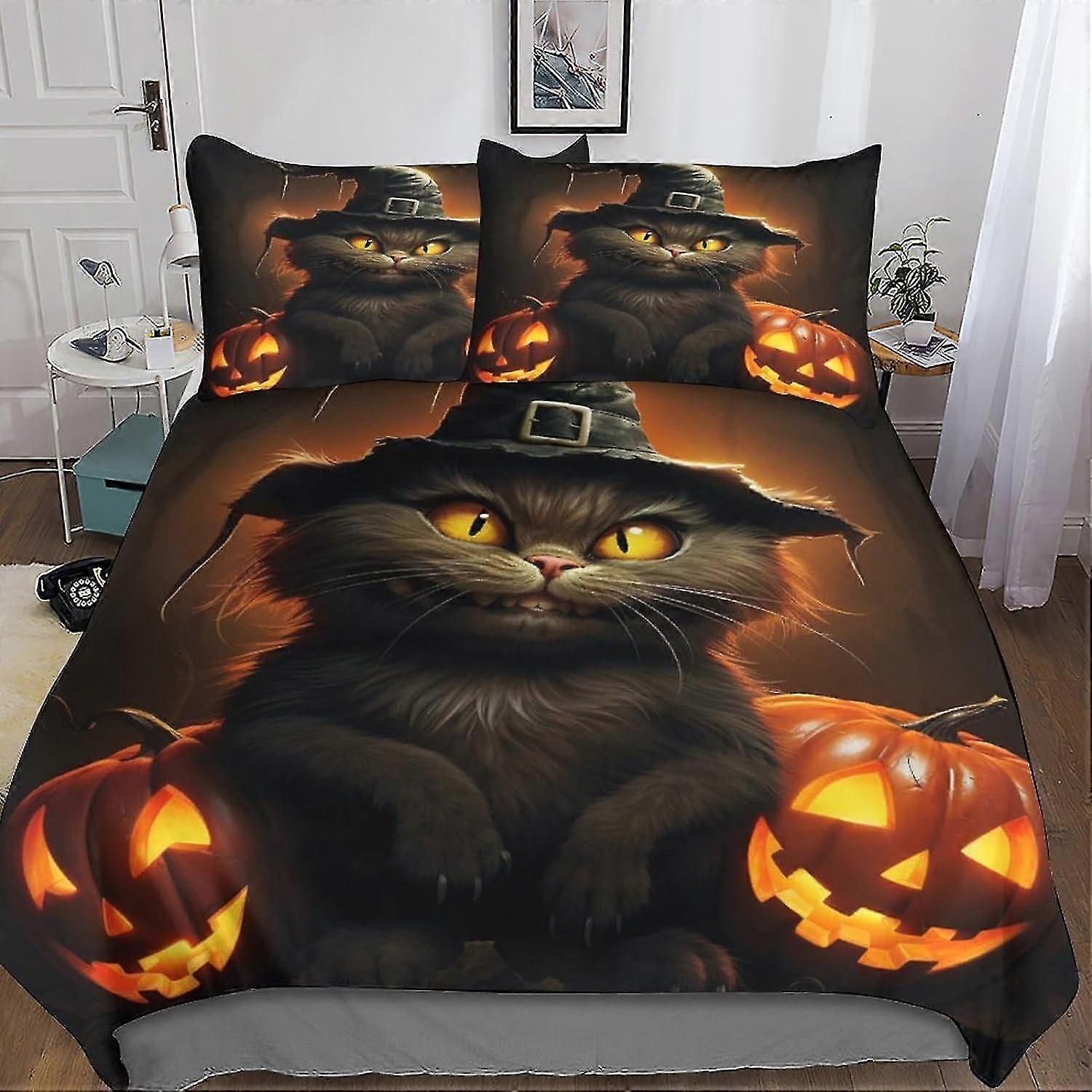 3D-trykt halloween sort kattesengesæt med AI animation mikrofiber dynebetræk, 3-delt dynebetræk sæt