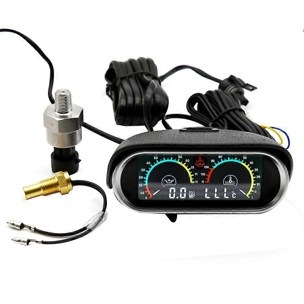 2 IN 1 LCD Universal Car Horizontal Water Temp Gauge + Oil Pressure Gauge 1/8NPT Water Temp Adapter for 10mm Sensor