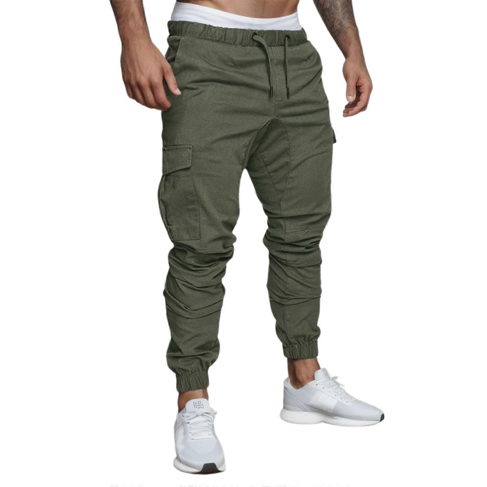 Cargo Trousers for Men - Casual Slim Fit Elastic Leisure Pants with Drawstring, Lightweight Stretch Fabric, Green, Size M