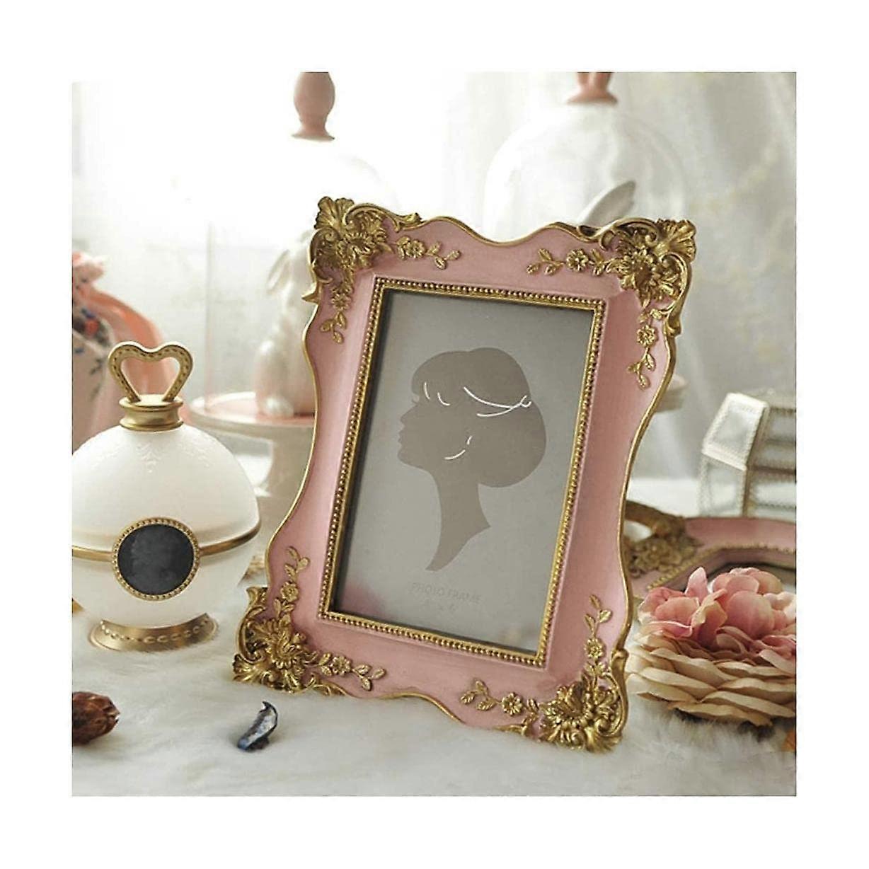 Handmade resin photo frame, decorative picture frame with floral pattern for home office decoration, tabletop display photo frame (Color: Pink)