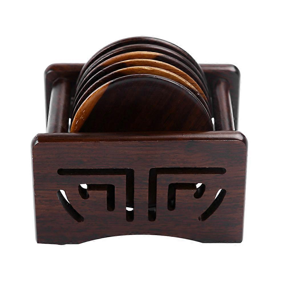7 Piece Wooden Coaster Set with Holder for Kitchen Use Dark Brown Round Coasters 6 Pieces Plus Stand