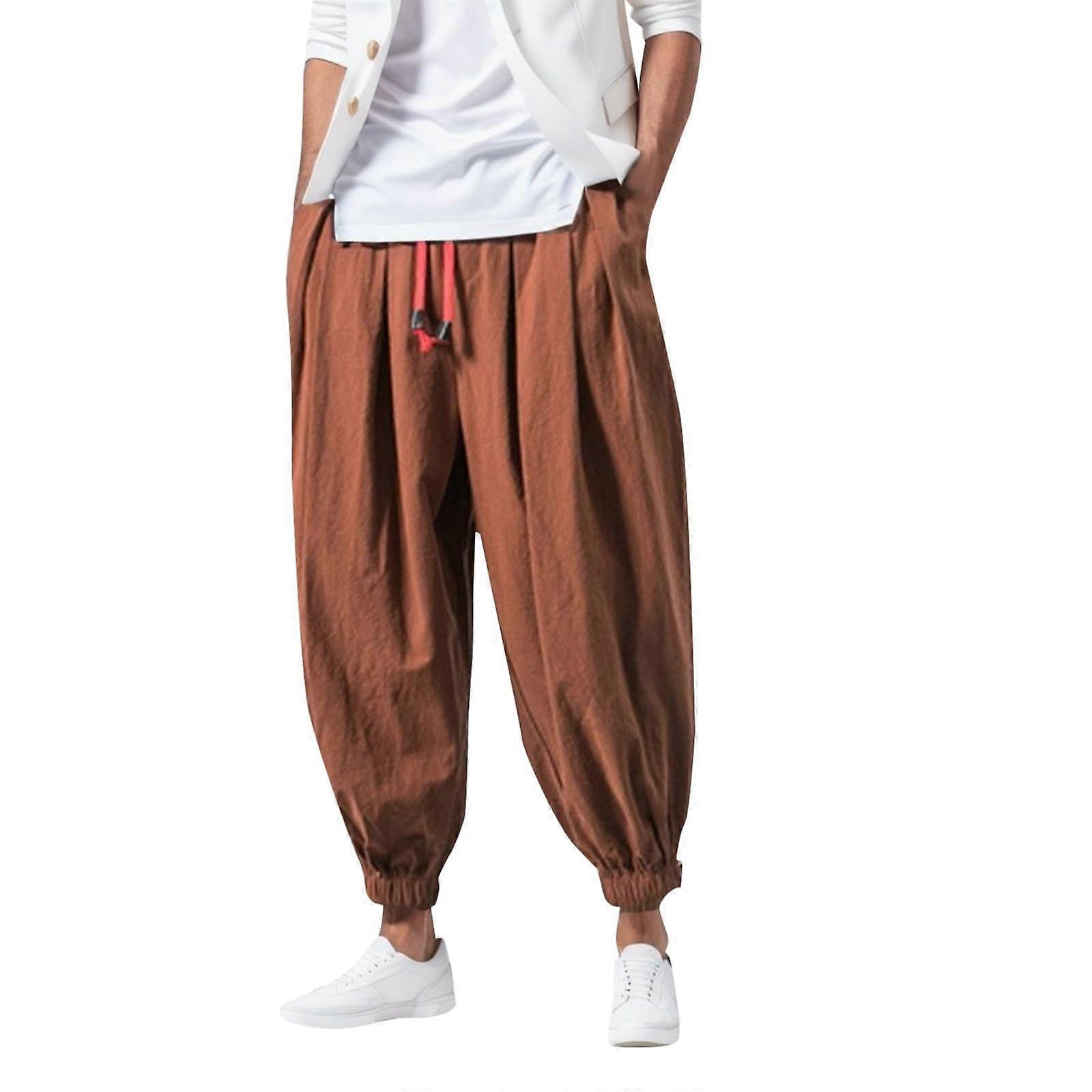 Men's Harem Hippie Trousers S03 Coffee M - Loose Baggy Retro Yoga Pants for Summer Beach Casual Wear
