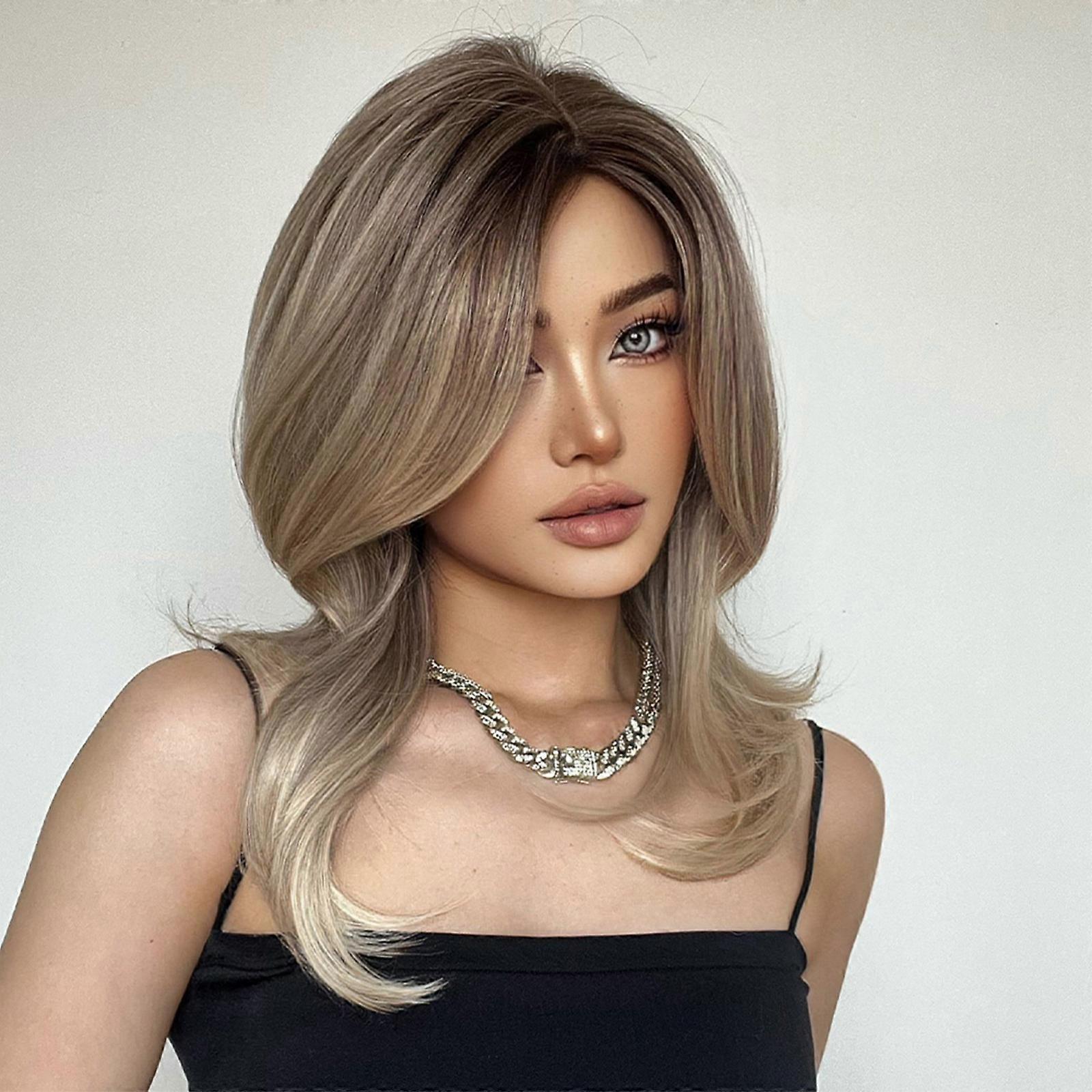 Women's Wig Side Parting Medium Length Wavy Hair Wig with French Bangs Realistic Wig High-Temperature Synthetic Fiber Wig with Hairnet