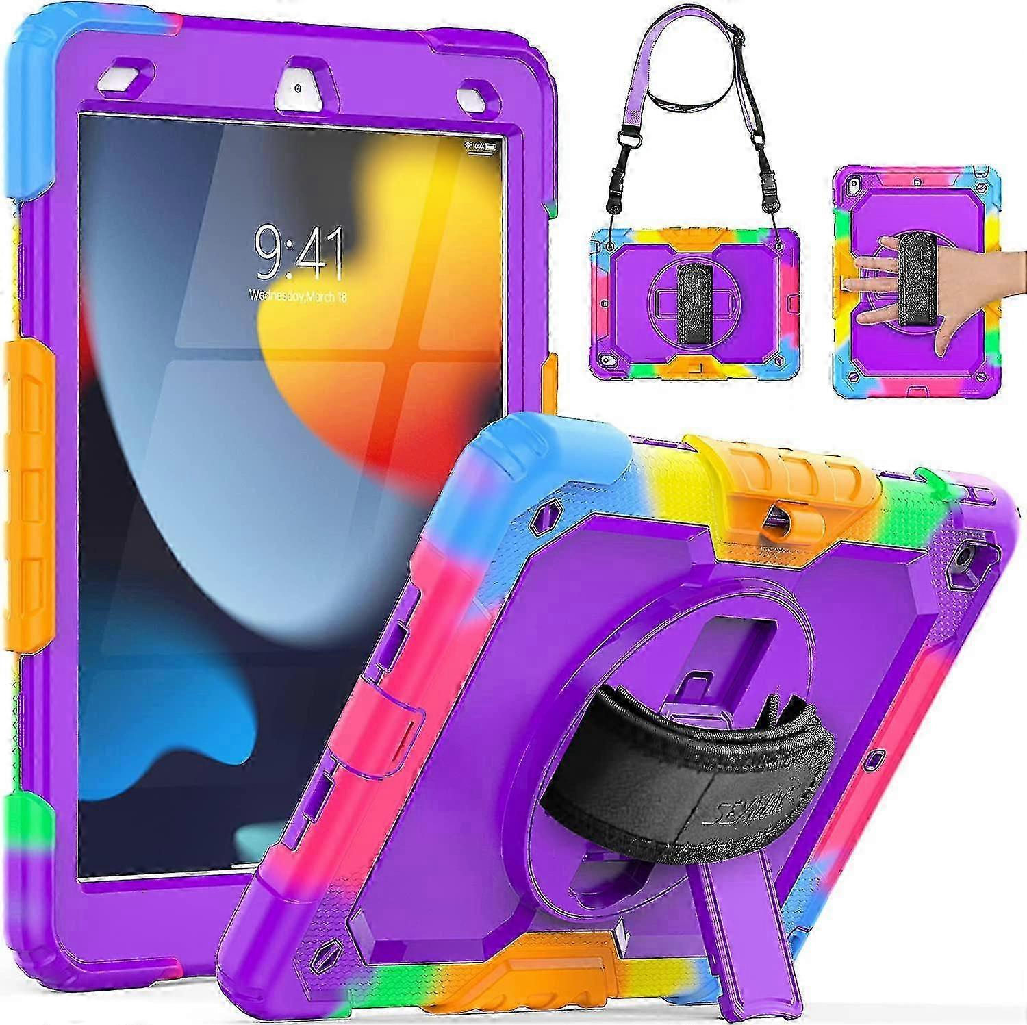 Kids  9th/8th/7th Gen Case with Screen Protector, Rotatable Hand Strap & Kickstand, Pencil Holder, Shockproof for  10.2 - SNNG