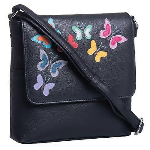 Juno Butterflies Crossbody Bag Genuine Leather Adjustable Strap Card Slots Black or Purple 17 x 16 x 3.5 cm