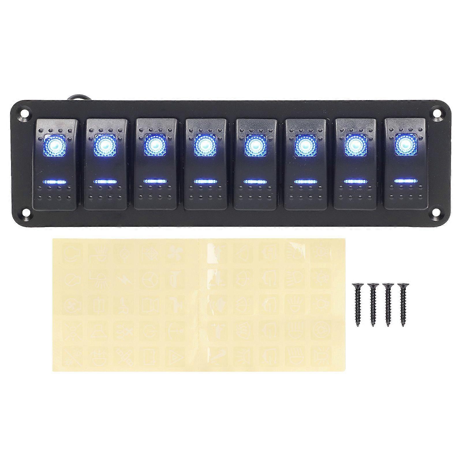 8 Gang Rocker Switch Panel LED Backlit On Off Switch Waterproof Overload Protection Pre Wire for Car RV Bus Marine Boat Blue