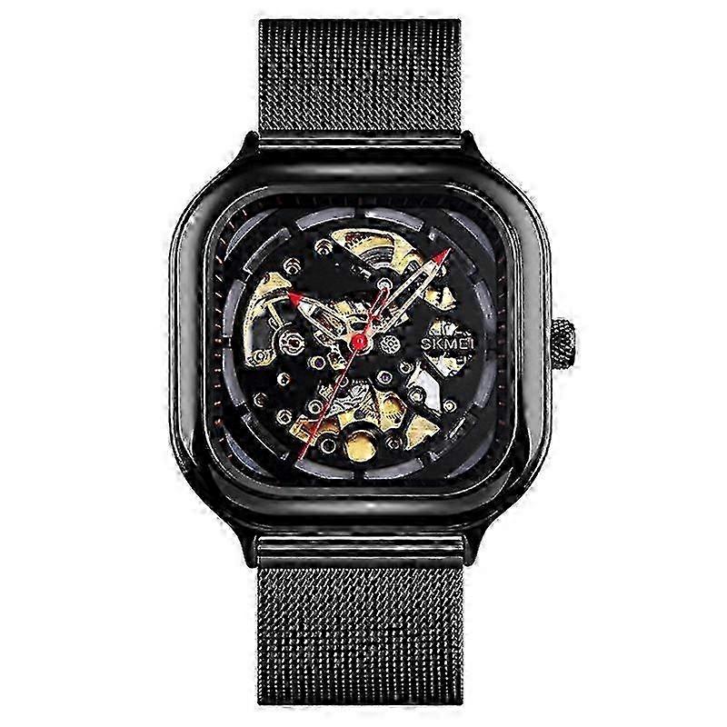 SKMEI 9184 Men Automatic Mechanical Watch Mesh with Hollow Square Tourbillon Student Watch (Black)