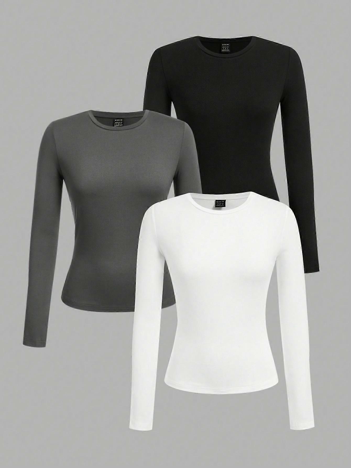Tall Women's Three Pieces Round Neck Casual Tight-Fitting Solid Color Long-Sleeved T-Shirt Pullover Set Suitable For Spring, Autumn And Winter