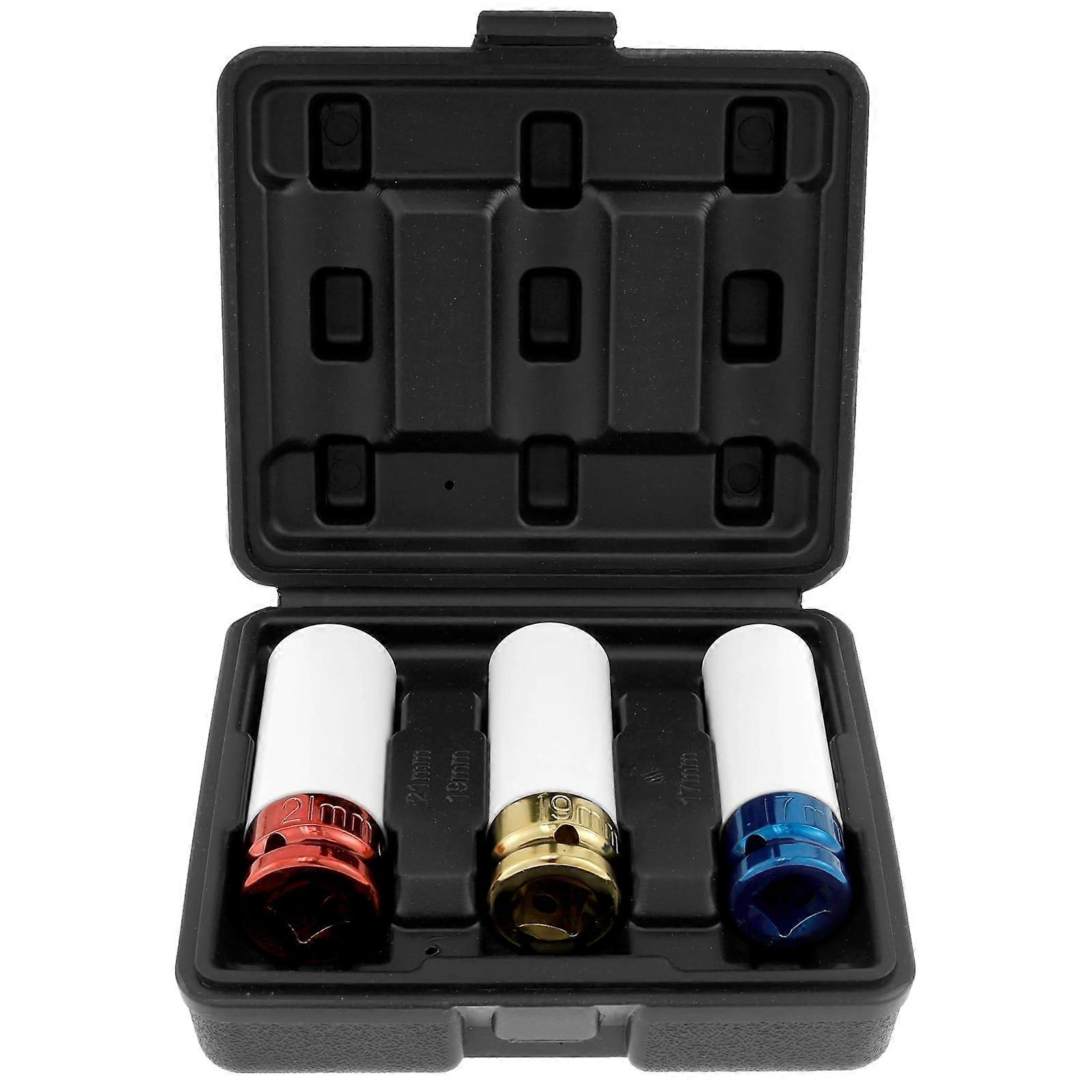 3pcs 1/2Inch Drive Thin Wall Deep Wheel Protector Impact Socket Set, 6Point Lug Nuts 17mm/19mm/21mm, Chrome Vanadium