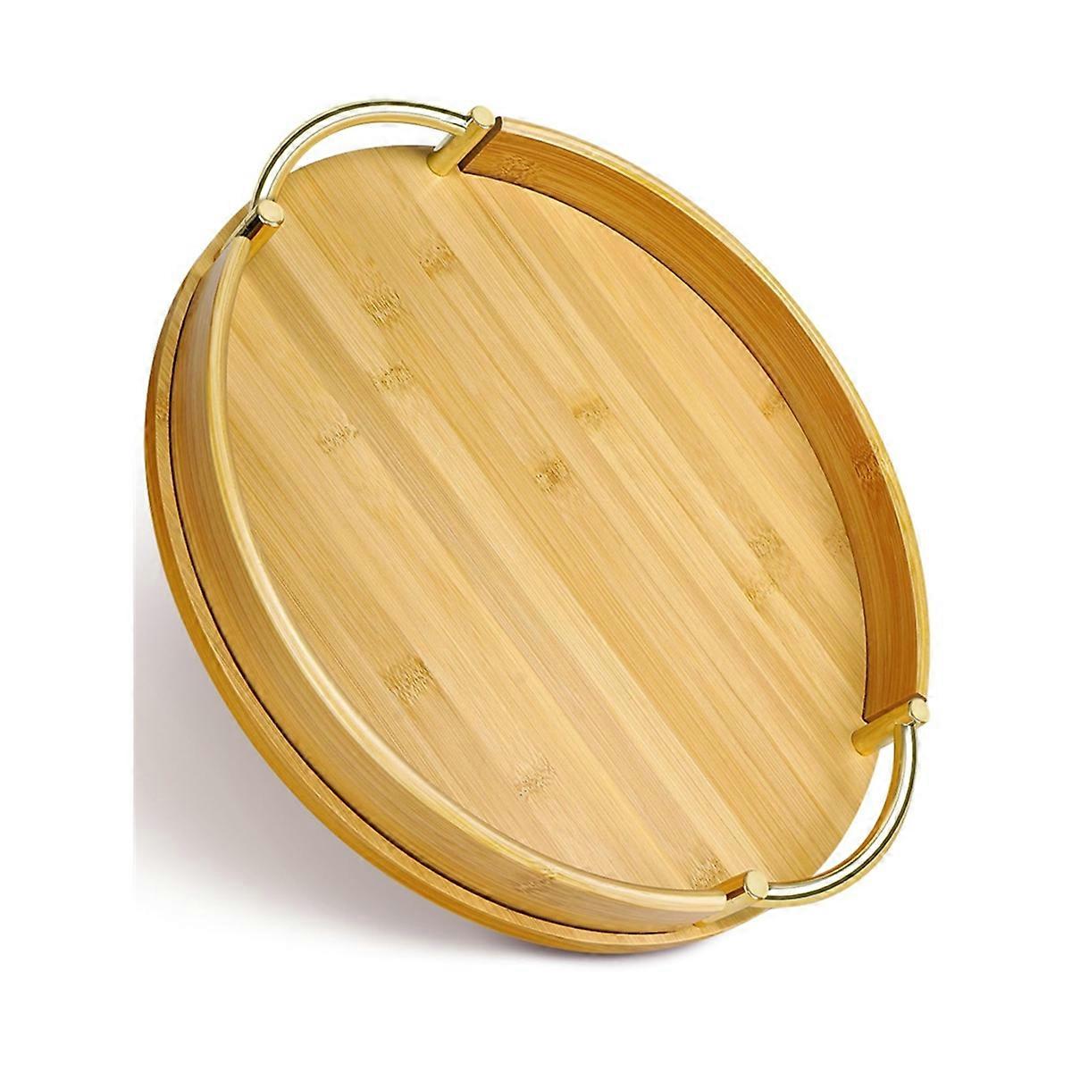 14Inch Round Bamboo Serving Tray with Handles - Decorative Tray