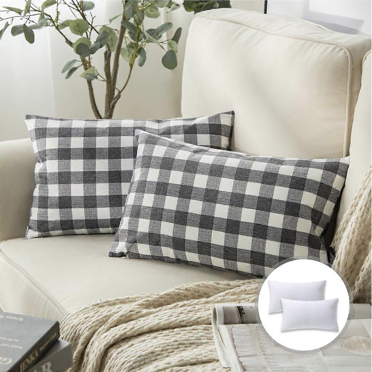 Phantoscope Checkers Series Square Decorative Throw Pillow with Inserts, Classic Retro Plaids, 12"x20", Gray/White, 2 Pack