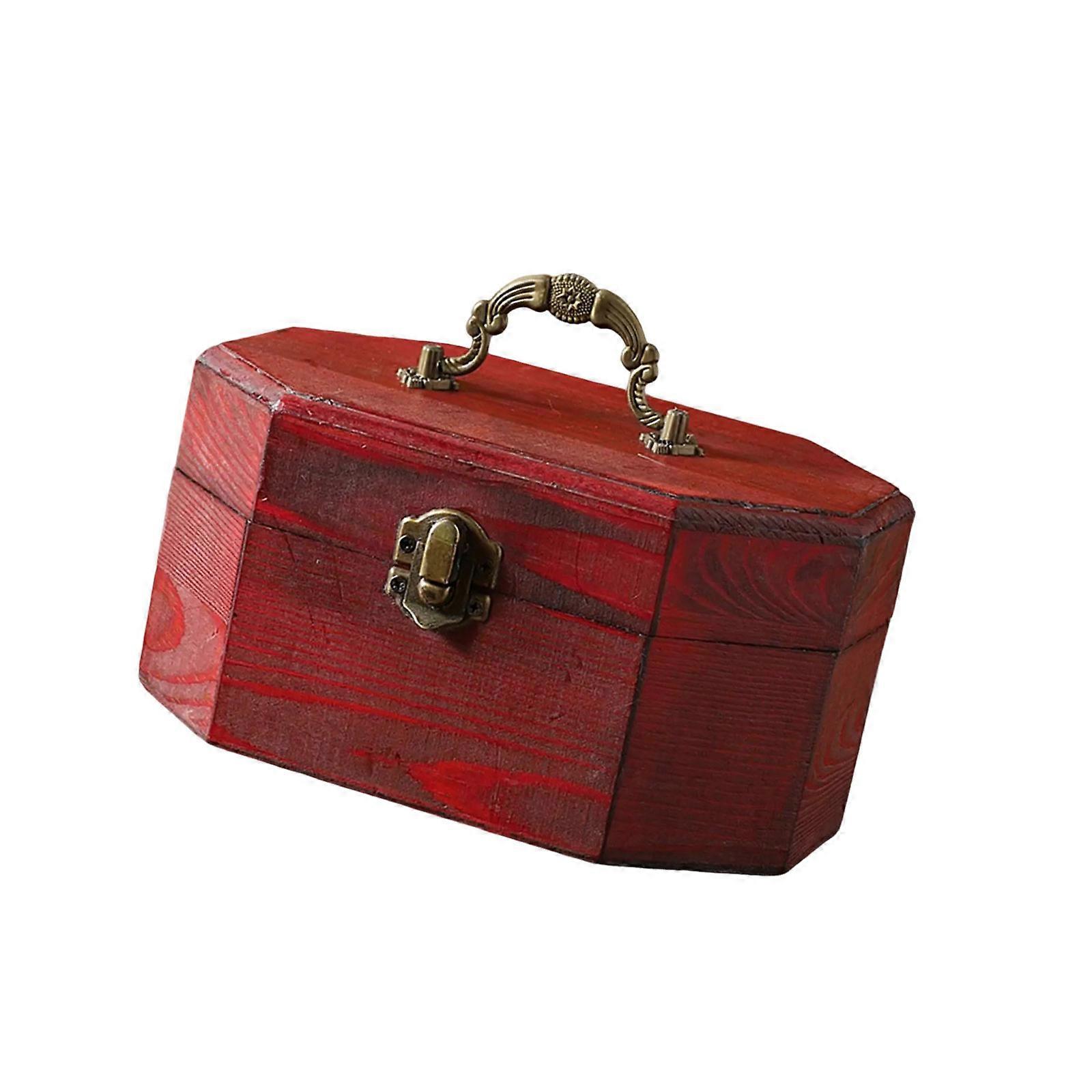 Antique Style Wooden Storage Box with Handle Octagonal Design Storage Container for Jewelry and Memorabilia  Red