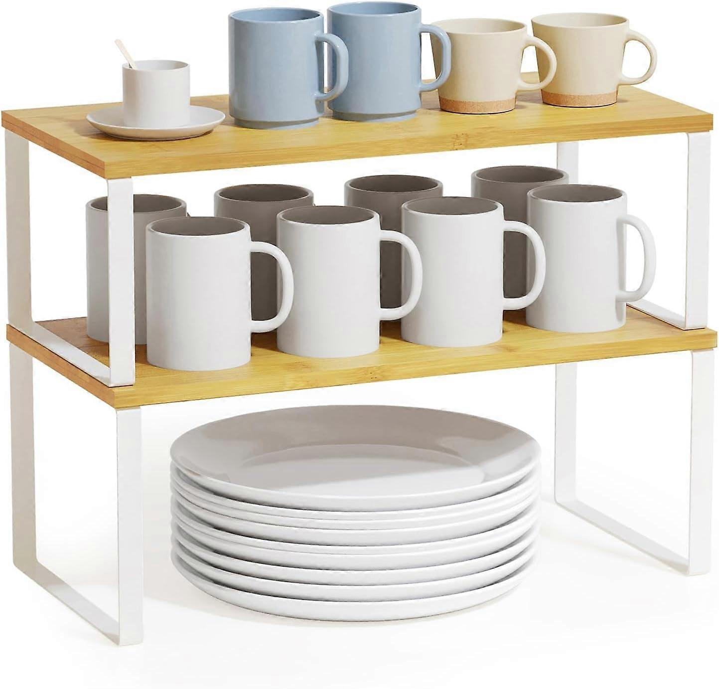 Cabinet Shelf Organizers 2 Pack, Stackable Expandable Kitchen Riser Rack for Pantry, Spice & Counter Storage (White & Natural, Long)