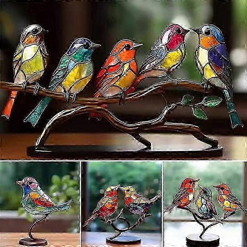 Stained Acrylic Birds on Branch Desktop Ornaments, Double Sided Multicolor Style Birds Craft Statue Desktop Ornaments 2025