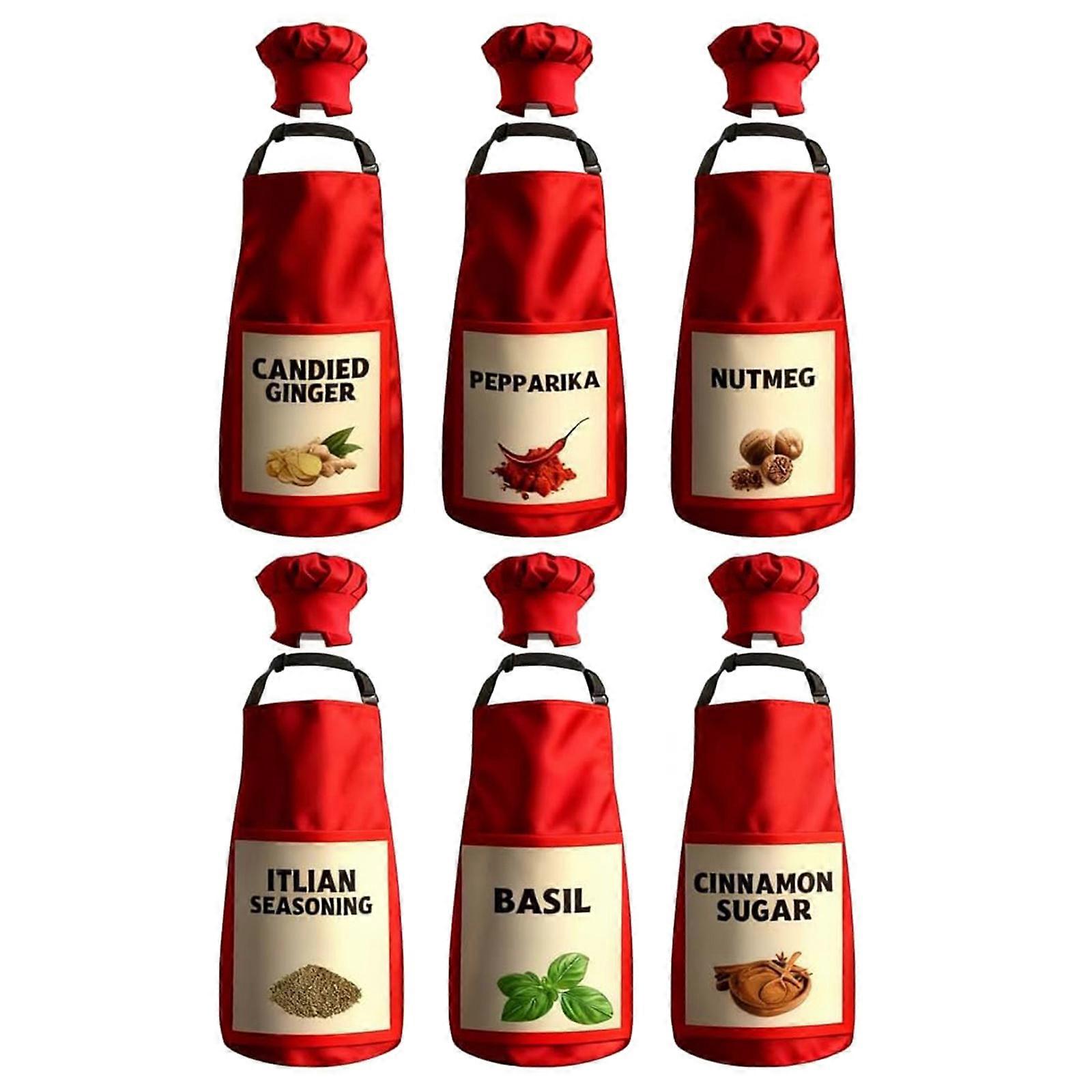 6Pcs Halloween Spices Condiments Matching Costume Spices Group Apron and Hat Set for Halloween Cosplay Party Multicolor