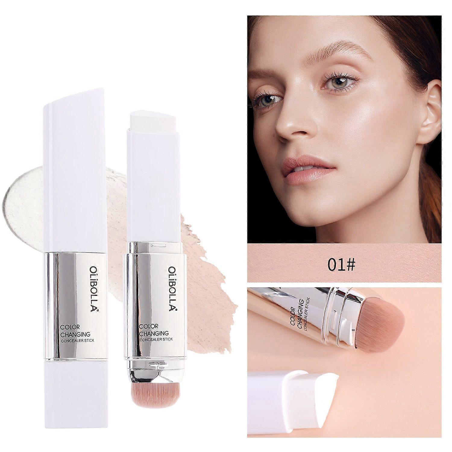 Triangle-Shaped Thermochromic Foundation Stick - Dual-End 2-in-1 Concealer with Brush, Hydrating & Skin-Fitting, Non-Caking Long-Lasting Coverage for 