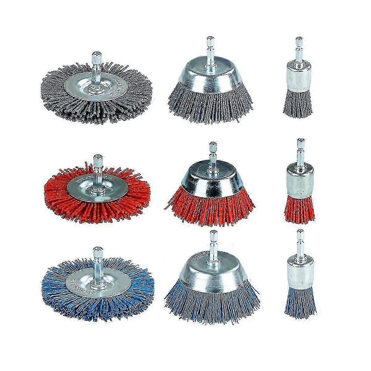 9-Pack Nylon Brush Set for Rust Removal - Abrasive Wire & Cup Wheels